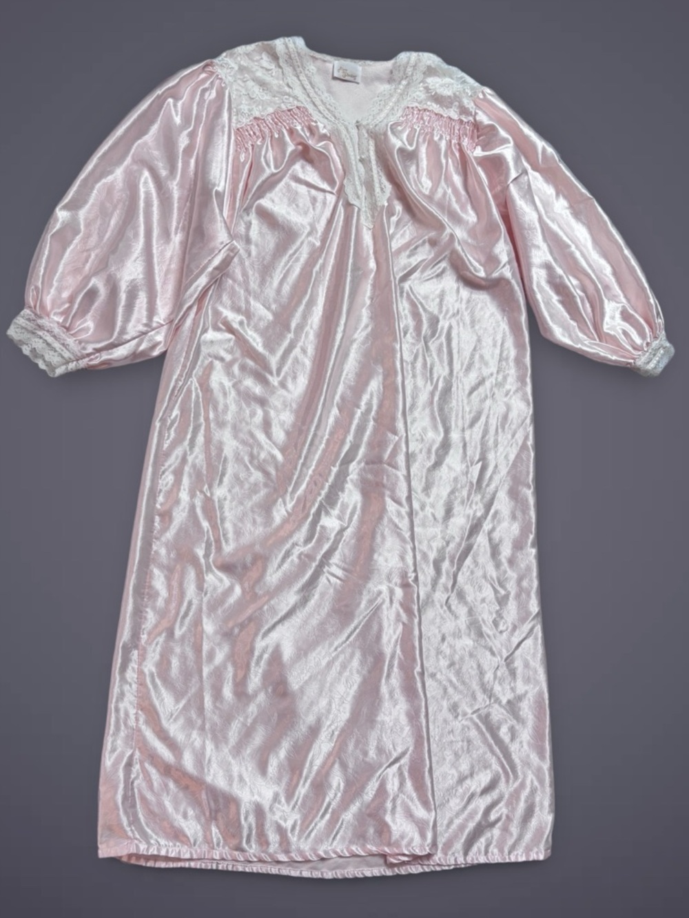 Vintage Soft Pink Satin Full Length Nightgown Lace Trim Poofy Long Sleeves L - Picture 3 of 12